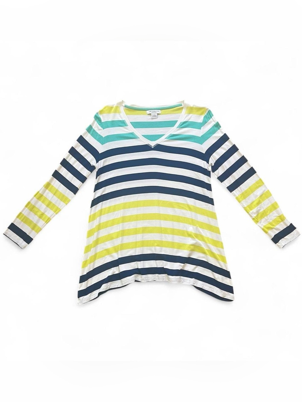 Liz Claiborne Striped V-Neck Top in Teal, Navy & Yellow